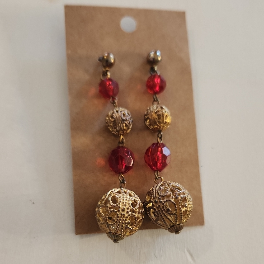 3/$30 Gold and Red Linear Drop Earrings with Filigree Charms NWOT